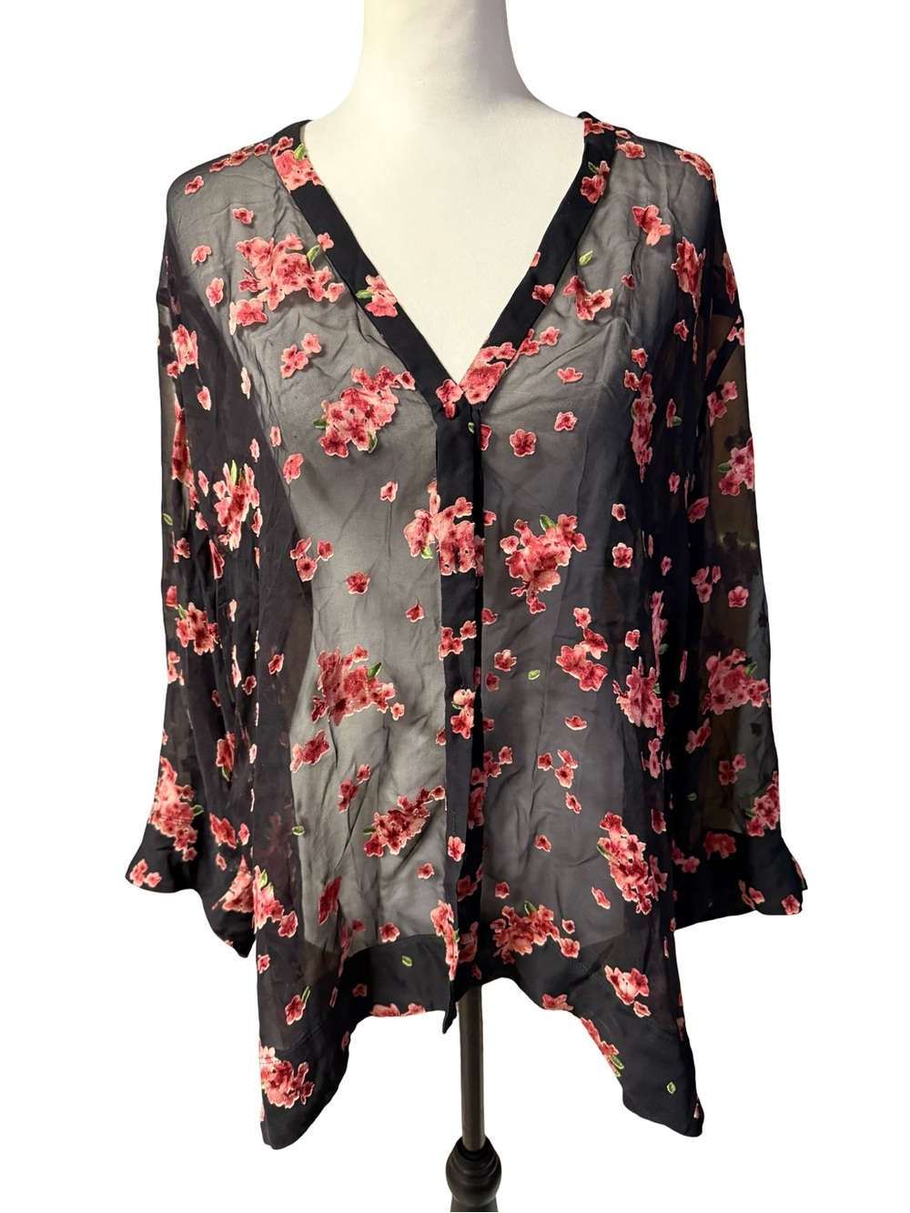 Alice + Olivia Sheer Black Floral V-Neck Women's Medium Blouse Silk Blend flawed
